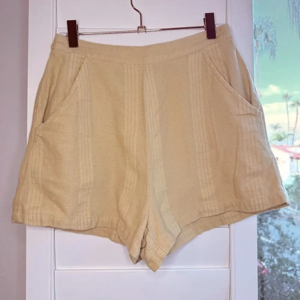 Free People Yellow Cotton & Linen Shorts with Embroidered Stripes size XS